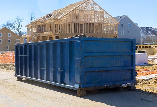 large roll-off dumpster with debris surrounding it